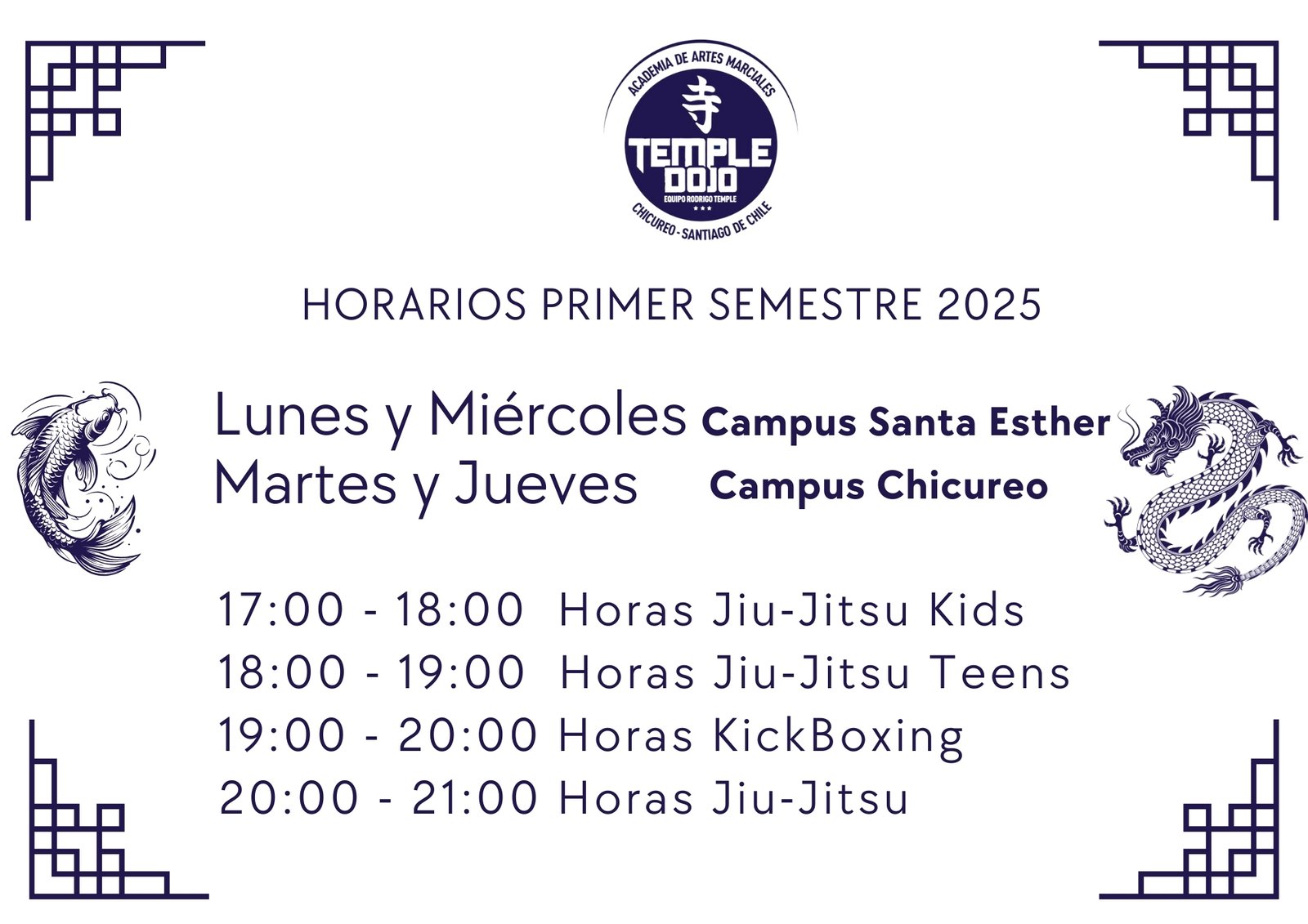 Horarios de artes marciales en colina y chicureo temple dojo 